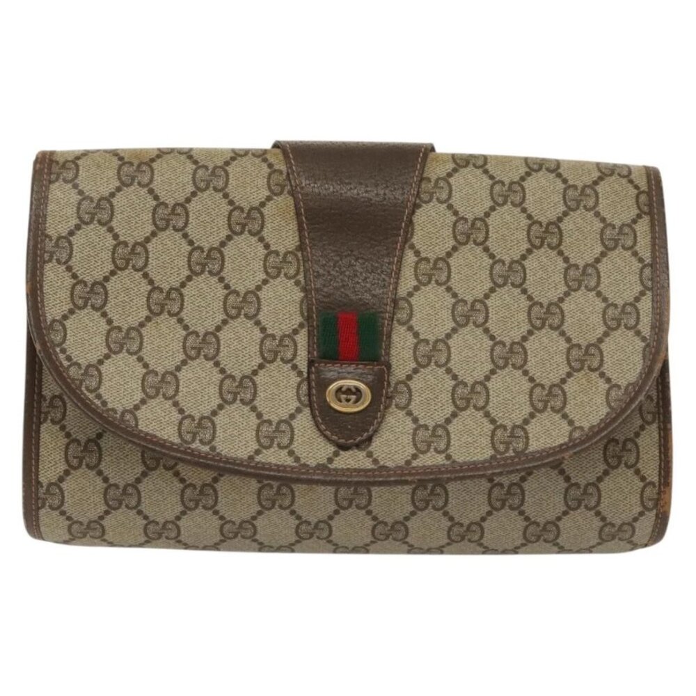 GUCCI GG Supreme Web Sherry Line Bag PVC Beige Gold 156 01 030 Auth BA4458 - Picture 2 of 16